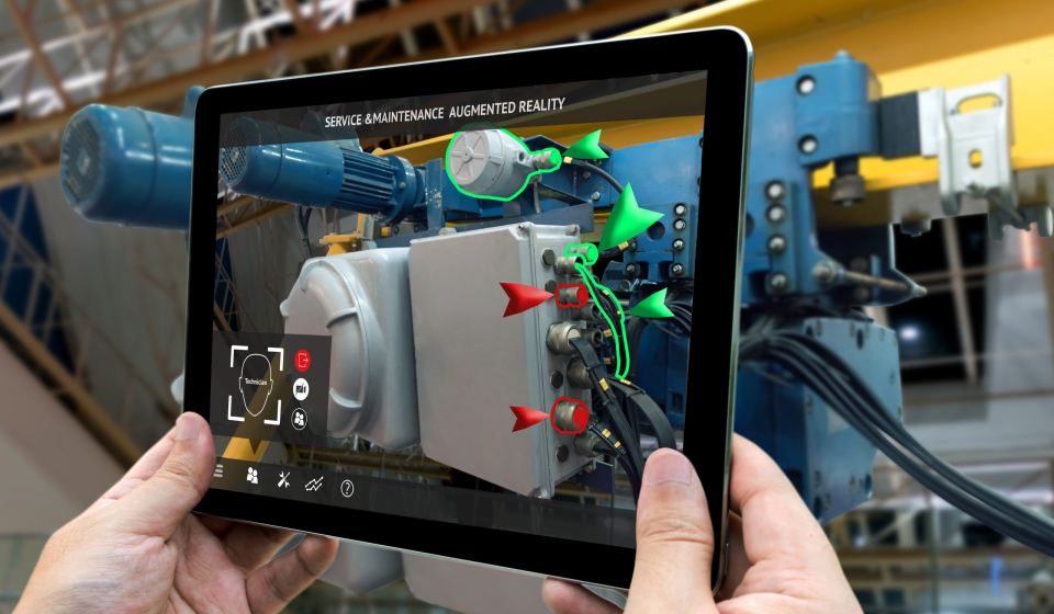 Industrial 4.0 , Augmented reality concept. Hand holding tablet